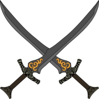 Gri ve sarı motiflerle süslenmiş iki çapraz kılıç.