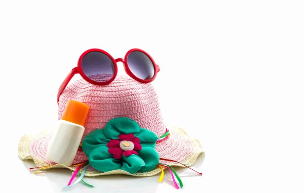 Woven hat, with red sunglasses. — Stock Photo, Image