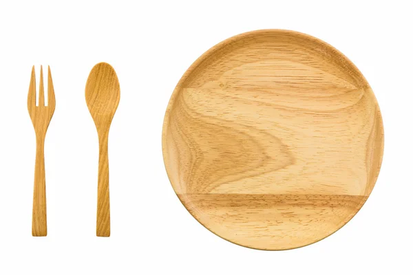 Пустая деревянная тарелка и ложки, вилки . — стоковое фото