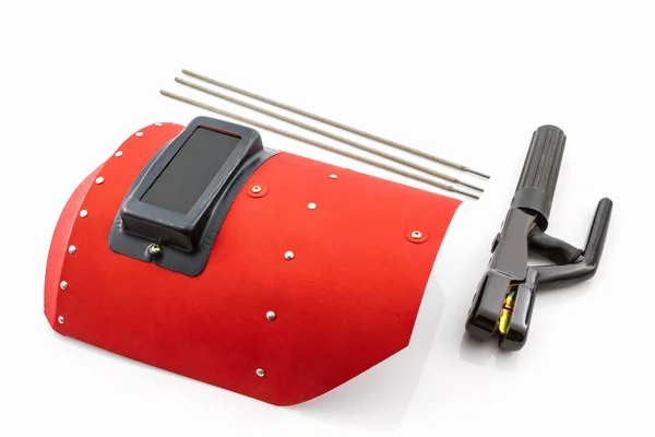 Tela protetora vermelha e suporte de haste com eletrodos de solda wir — Fotografia de Stock