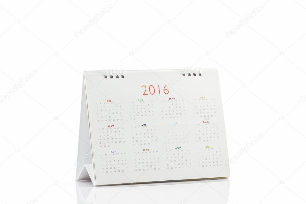 White paper desk spiral calendar 2016.