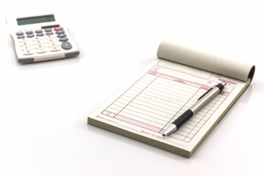 Invoice book which open blank page with pen and calculator. clipart