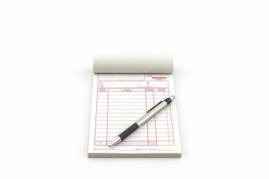 Invoice book which open blank page with pen. clipart