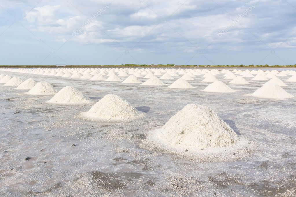 Heap of sea salt in salt farm ready for harvest.