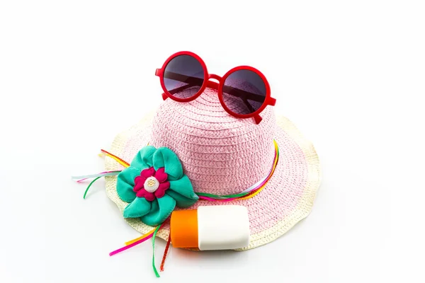 Woven hat, with red sunglasses. — Stock Photo, Image