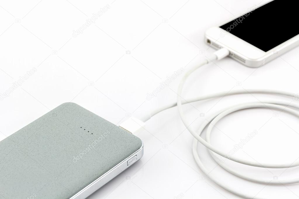 Grey power bank USB cable for smartphone.