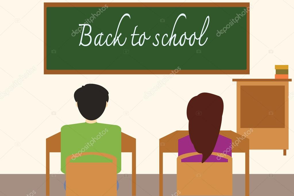 Back to school on the blackboard with students in the classroom.