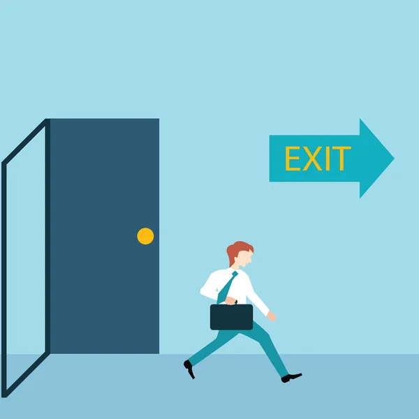 Üzletember fut ki a ajtó az exit jel. — Stock Vector