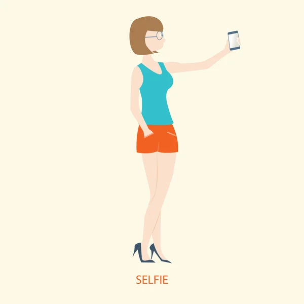 Hübsche Frau hält Smartphone an Selfie, flacher Stil. — Stockvektor