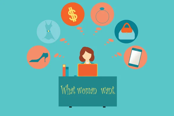 Geschäftsfrau denkt darüber nach, was Frauen wollen. — Stockvektor