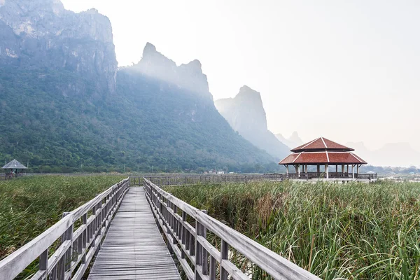 Puente de madera en el lago de loto en el parque nacional Khao sam roi yod . —  Fotos de Stock