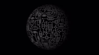 Çarpıcı bir dijital küre, modern sanattaki yenilik ve yaratıcılığı ön plana çıkaran karmaşık devre modelleri ve teknolojiden esinlenilmiş tasarımları sergiliyor..