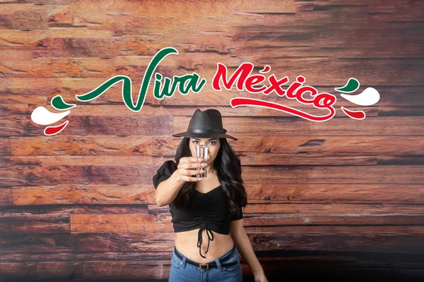 Mexican Woman Showing Shot Tequila Text Long Live Mexico Spanish — Stock Photo, Image