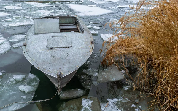 Gray metal boat in the water in winter. Small ice floes float around the boat and the yellowed cane. Winter landscape.