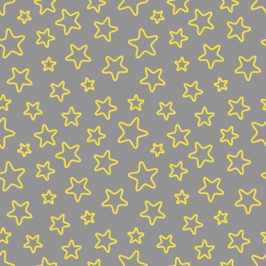 Sarı yıldızların sonsuz arkaplan dokusu gri arka planda boş. 2021 Ultimate Gray 17-5104 ve Aydınlatma 13-0647.
