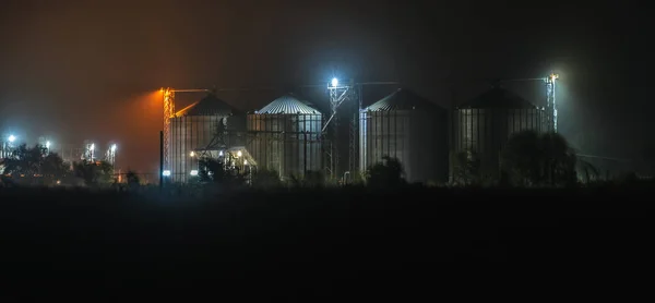 Four silos for bulk materials in a farm or factory at night, illuminated by lanterns. Farm or plant at night. A strong wind sways the trees.