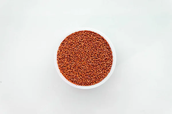 在圆圆的测试容器中的卡梅利娜饱满种子样本 用于制造茶花油的原材料 农作物的油籽 种子的顶部视图 — 图库照片