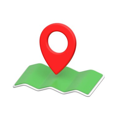 Navigasyon, GPS ve seyahat yönleri için 3B harita ve pin simgesi.