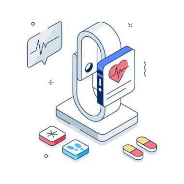 Isometric illustration of a digital health tracker analyzing biometric data and heart rate.