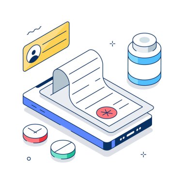 Isometric medical app showing online prescription management and medication reminders.