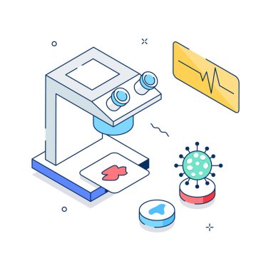 Laboratory interface featuring microscope and virus testing in medical research isometric illustration