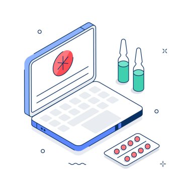 Online doctor consultation, prescription management, and telehealth tools, isometric illustration