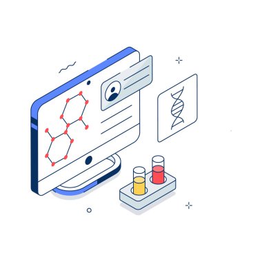 Isometric digital interface showing DNA analysis and biomedical research visualization.