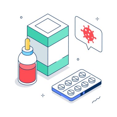 Isometric illustration of medicine bottle, tablets, and packaging for healthcare use