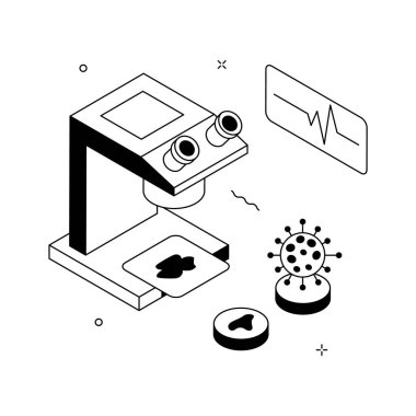 Laboratory interface featuring microscope and virus testing in medical research isometric illustration