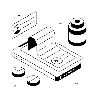 Isometric medical app showing online prescription management and medication reminders.