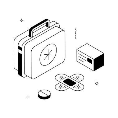 Isometric illustration of first aid kit with medicines, pills, and health care essentials.