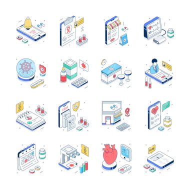 Grab this eye catching set of medical and healthcare isometric illustrations