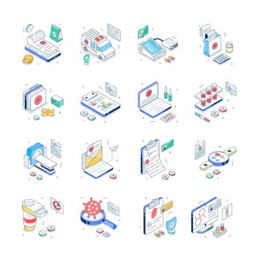 A collection of medical and healthcare isometric illustrations in modern style
