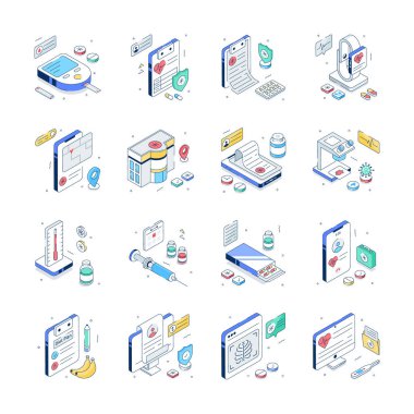 Take your hands on this amazing medical and healthcare isometric illustration set