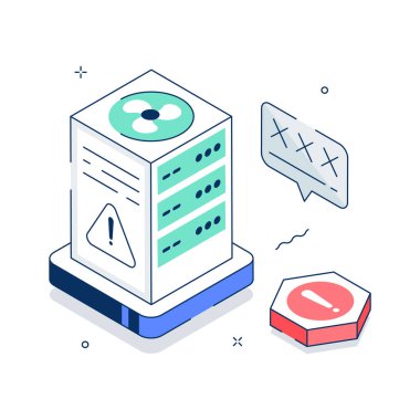 Isometric 3D server error illustration showing database malfunction or hardware warning.