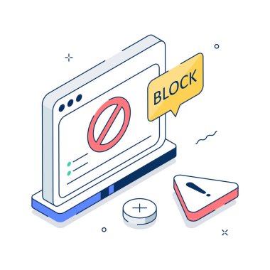 Modern isometric illustration of blocked website access showing restriction warning.