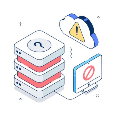 Isometric illustration showing cloud server issue or online backup failure.