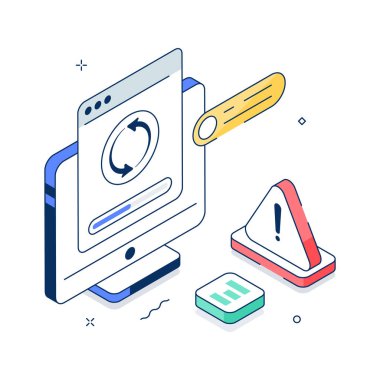 Isometric design showing website reload or refresh warning alert, modern illustration