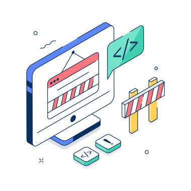 Creative isometric illustration of website under construction or blocked page.