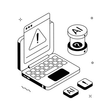 Isometric 3D illustration showing AI warning alert on laptop and data tools.