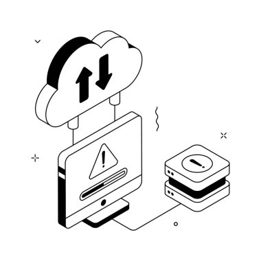 Isometric illustration showing cloud data connection error for web and app designs.