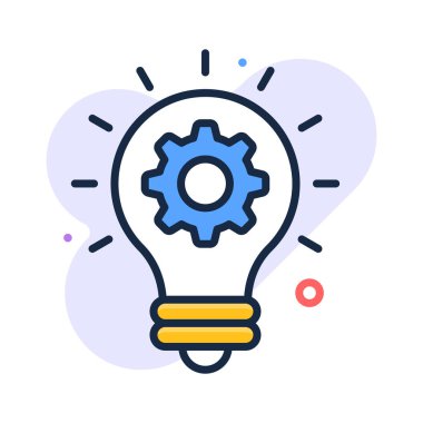 Flat line icon showing gear and bulb for innovation process.
