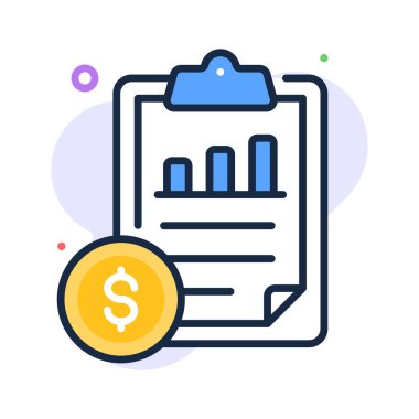 Flat icon of clipboard showing financial data and profit report.