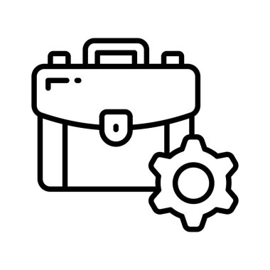 Briefcase with gear, line outline icon of business management