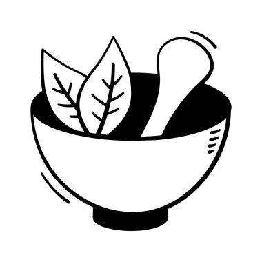 Doğal ilaç ve alternatif tedavi ikonunu gösteren yapraklı el yapımı bitkisel kase.