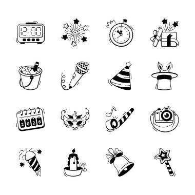 Yaratıcı bir şekilde tasarlanmış Noel ve yeni yıl çizilmiş karalama tarzı simgeler