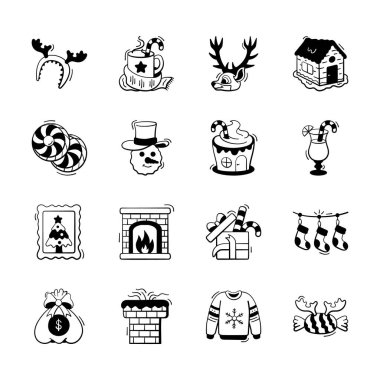 İyi tasarlanmış yılbaşı ve yeni yıl çizimleri modern tarzda karalama simgeleri