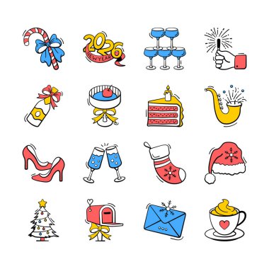 Yeni yıl koleksiyonu ve noel el el çizimleri modern tasarım tarzında simgeler