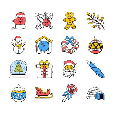 Burada bir deste noel ve yeni yıl çizilmiş karalama simgeleri var.