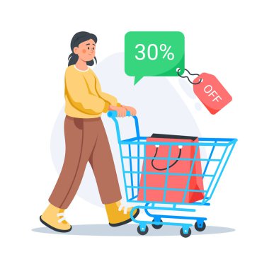 Kadın alışveriş arabasıyla% 30 indirimli etkinlik, düz çizim